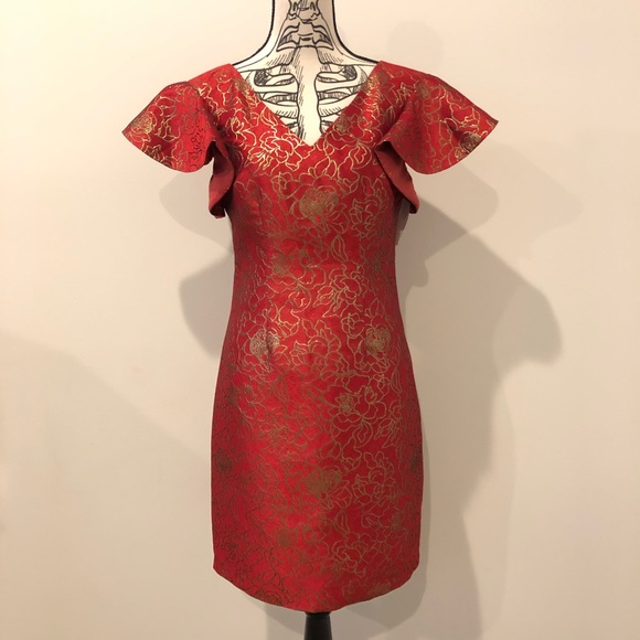 red and gold cocktail dress